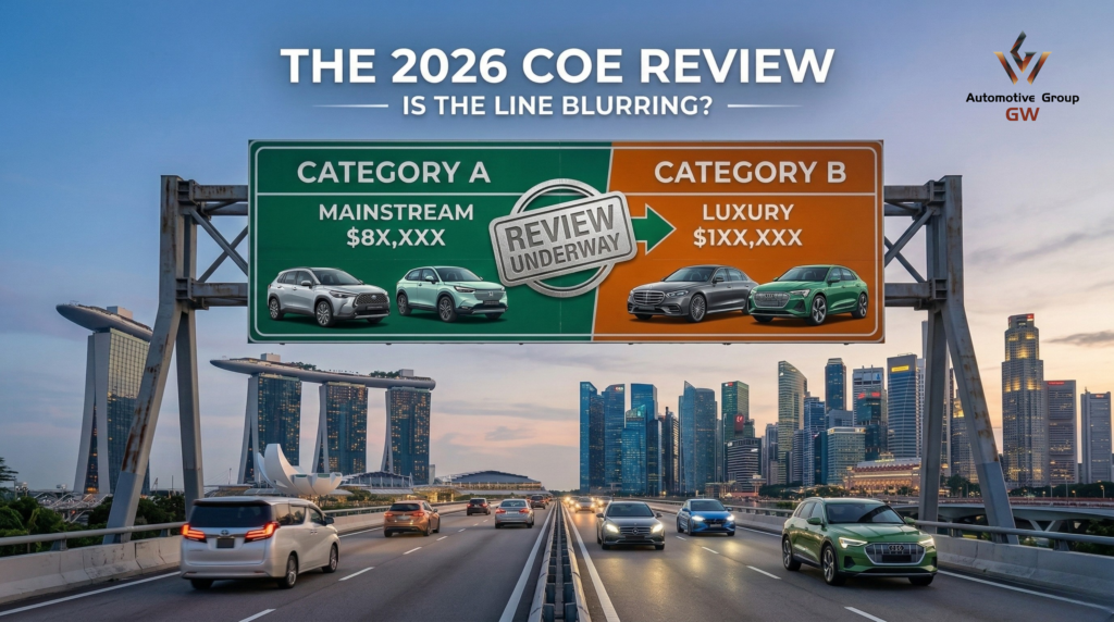 A realistic view of a Singapore highway at dusk with Marina Bay Sands in the background, featuring a gantry-style sign comparing Category A mainstream cars and Category B luxury cars under the 2026 COE review.