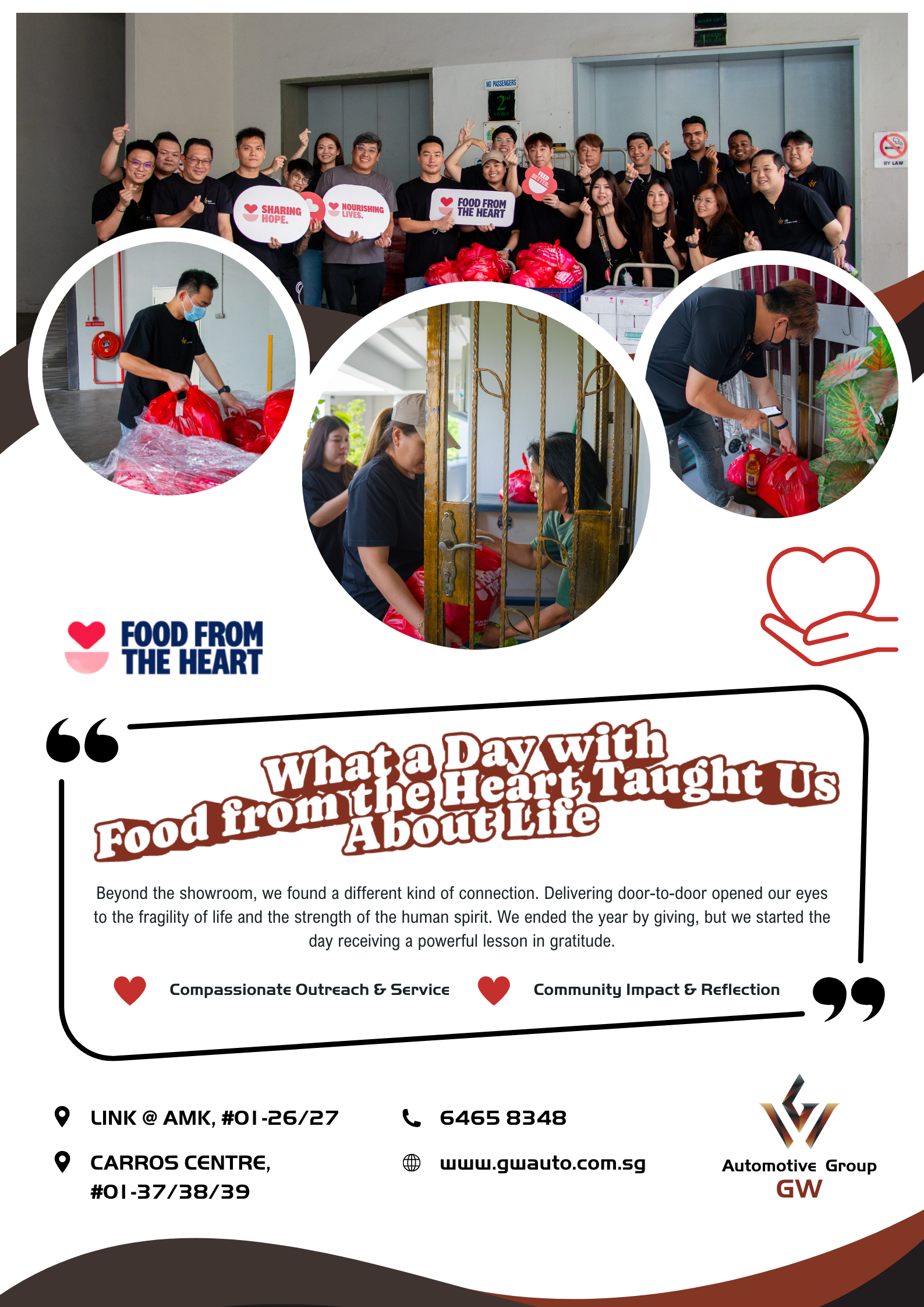 GW Automotive Group team members standing together at Food from the Heart warehouse, holding charity signs and prepared food packages for distribution to the elderly.